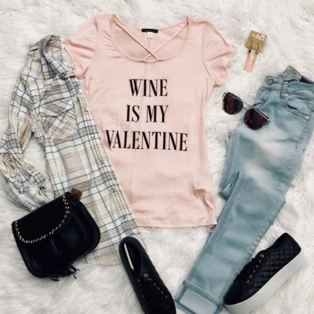 WINE is my Valentine’s Day woman’s oversized size small pink short sleeved shirt